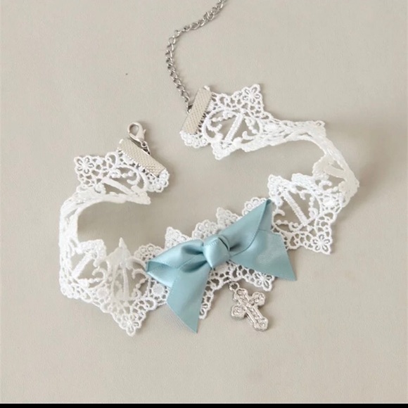 Victorian Lace Blue Bow Rhinestone Cross Choker - Picture 4 of 4